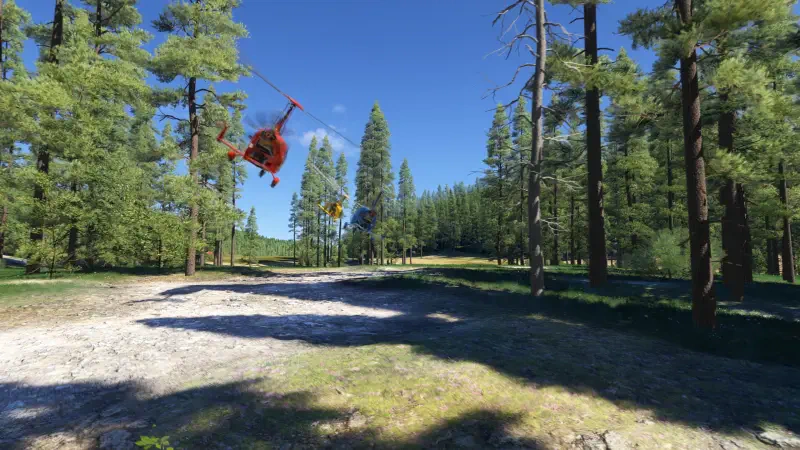 A helicopter maneuvers through a picturesque forested area in Microsoft Flight Simulator 2024, showcasing realistic graphics and immersive gameplay.