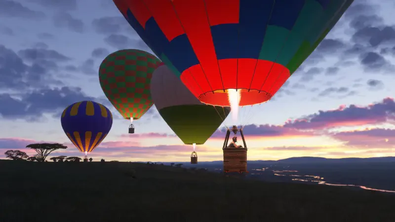 Colorful hot air balloons ascend against a sunset sky in Microsoft Flight Simulator 2024, showcasing stunning graphics and immersive flight experiences.