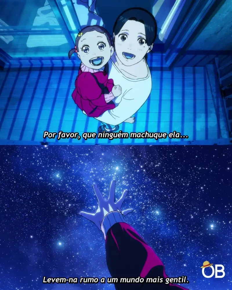 Two scenes from Dandadan: a joyful woman holding a child looking up, and a hand reaching toward a starry sky with hopeful captions in Portuguese.