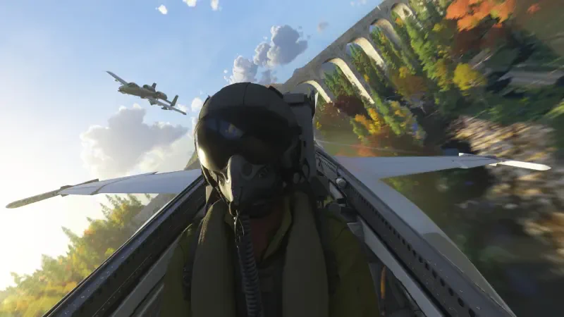 A thrilling scene from Microsoft Flight Simulator 2024, featuring a pilot in a cockpit as they maneuver an aircraft through a vibrant landscape under a bright sky.