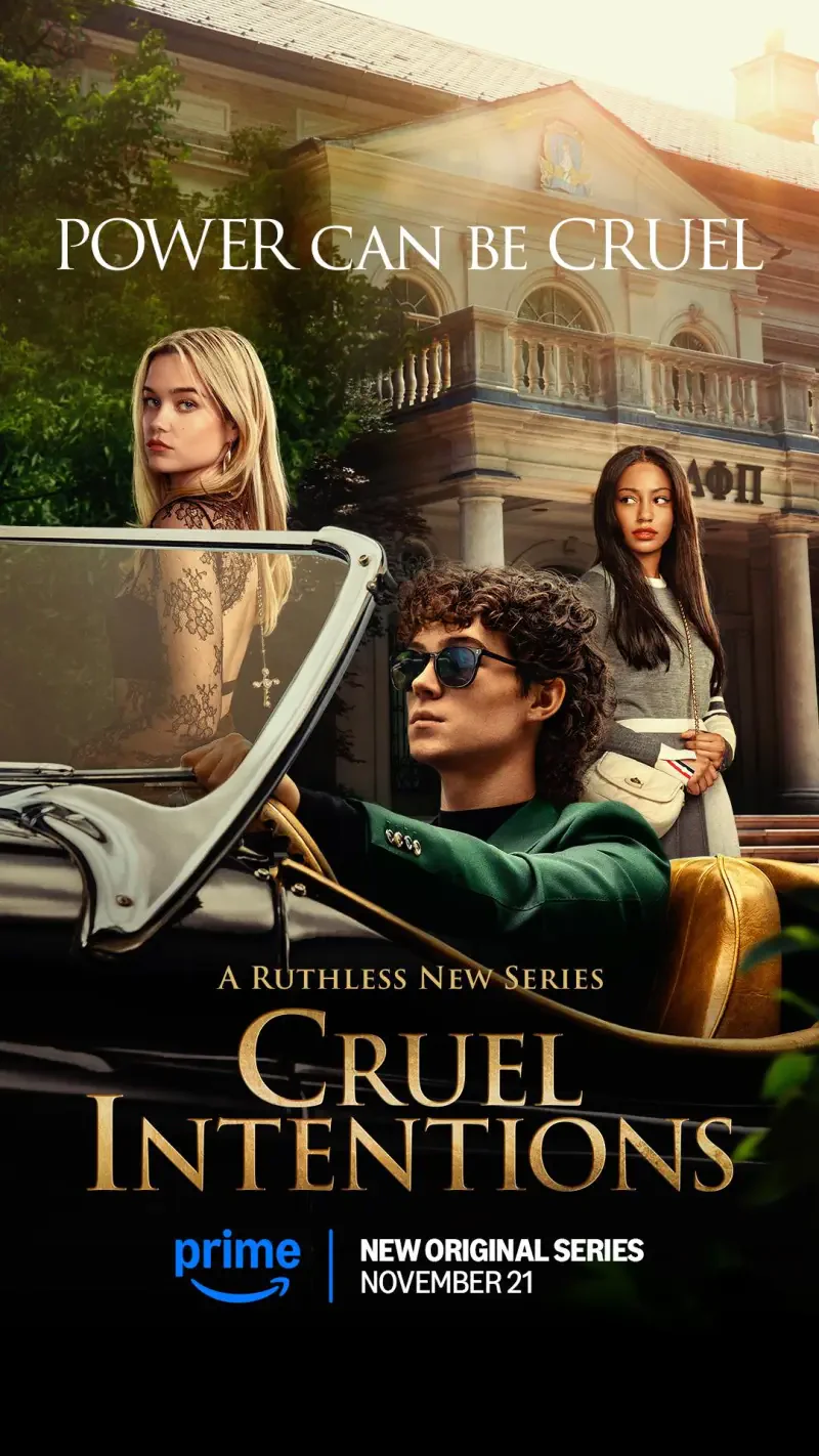 Promotional poster for the TV show Cruel Intentions (2024), featuring a dramatic scene with three characters in a convertible, highlighting themes of power and ruthlessness.