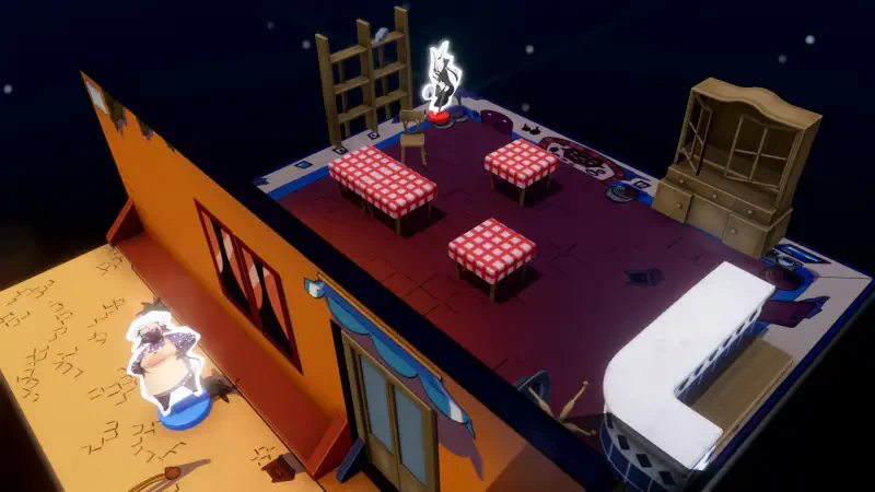 A colorful, top-down perspective of a game environment from On Your Tail, featuring checkered tables, a ladder, and a cozy kitchen setup against a dark backdrop.