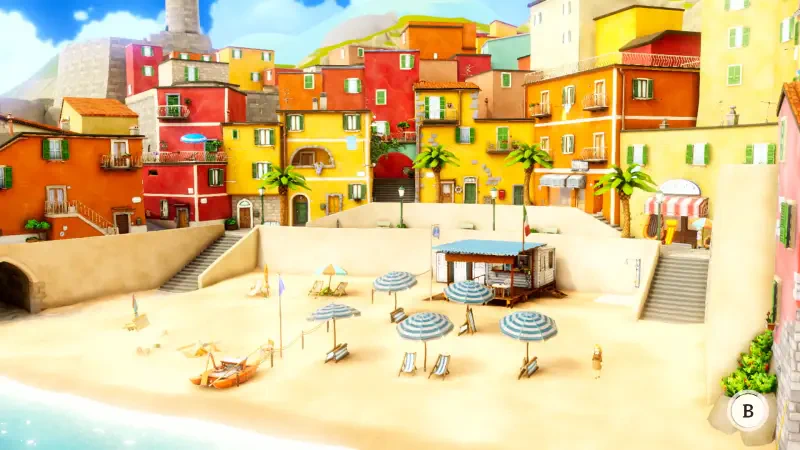 A vibrant seaside village features colorful buildings, palm trees, and beach umbrellas, creating a lively backdrop for the video game On Your Tail.