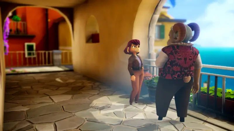 A scene from the video game On Your Tail, featuring two characters in a sunlit corridor with vibrant surroundings and a view of the ocean in the background.