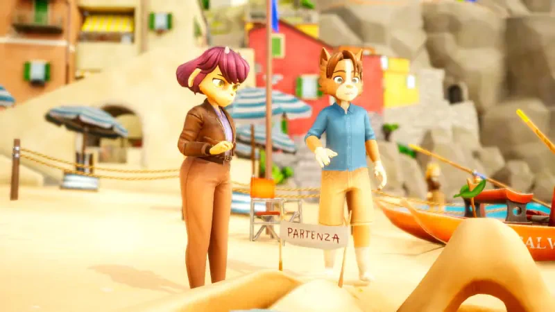 Two animated characters stand on a beach, discussing a sign labeled Partenza. The vibrant scene is from the video game On Your Tail, showcasing a colorful coastal setting.