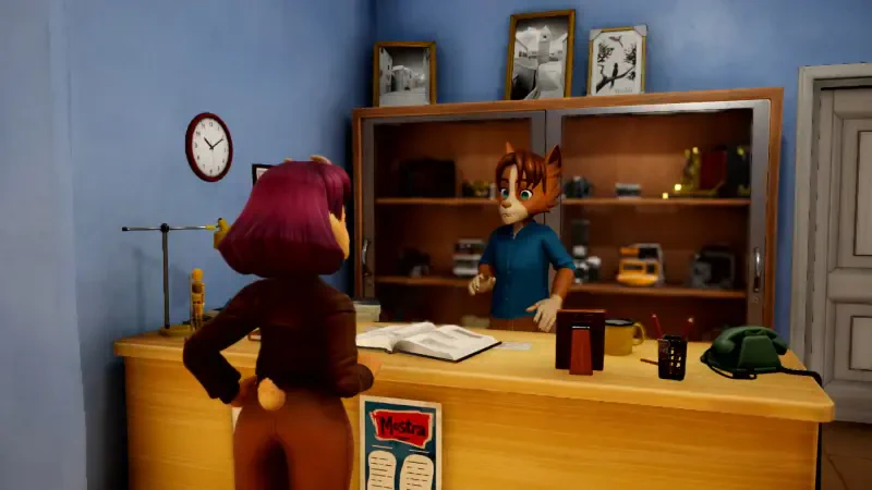 A scene from the video game On Your Tail, featuring a character with purple hair and a brown outfit talking to a startled, anthropomorphic character behind a counter.