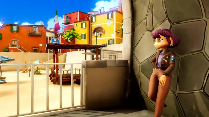 A character leans against a textured wall, gazing out at a vibrant, sunny landscape in the video game On Your Tail, showcasing colorful buildings and a lively atmosphere.