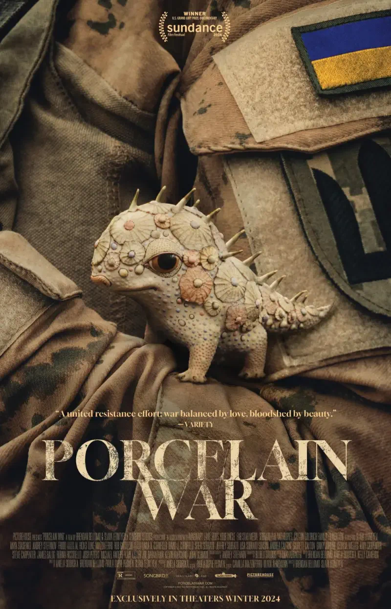 A whimsical creature stands out against a soldier’s uniform in the movie poster for Porcelain War, exploring themes of love and beauty amidst conflict. In theaters winter 2024.