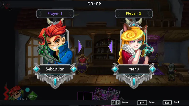A vibrant co-op selection screen from the video game Spirit Mancer, featuring two characters: Sebastian with red hair and Mary with a stylish golden hairstyle, ready for action.