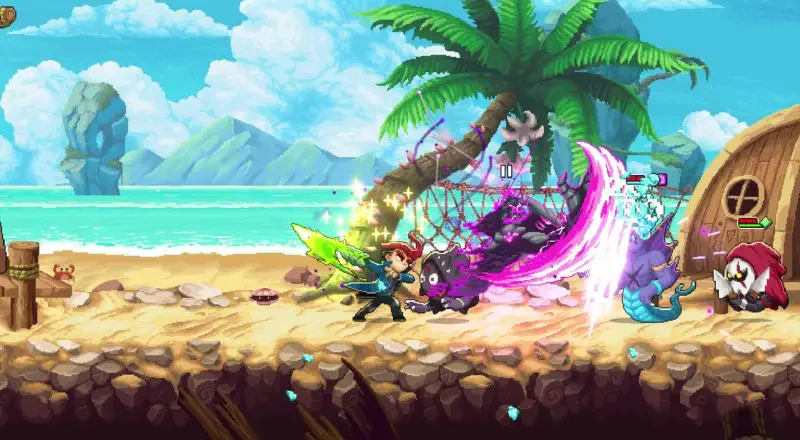 A dynamic scene from the video game Spirit Mancer, featuring a character battling mystical creatures on a vibrant beach with palm trees and a picturesque background.
