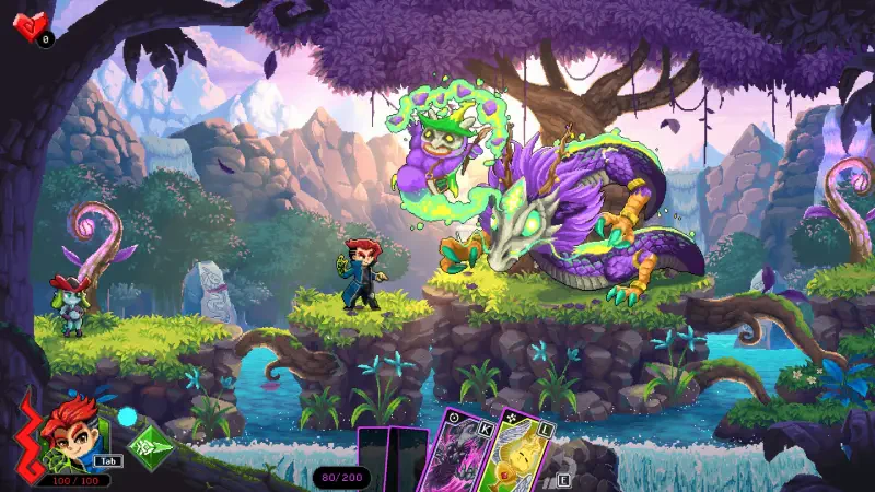 A vibrant scene from the video game Spirit Mancer, featuring a character interacting with a colorful, mystical creature amidst a lush landscape and magical elements.