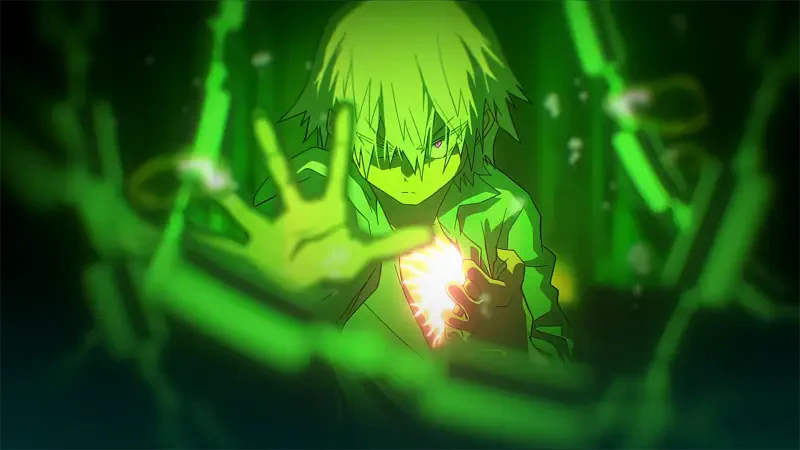 A character with mechanical arms reaches out intensely, surrounded by vibrant green energy. The scene captures a dynamic moment in an anime setting.