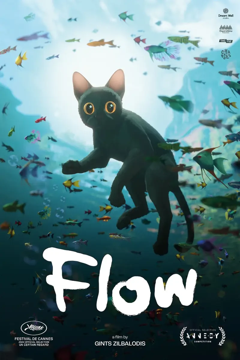 A whimsical poster for the movie Flow (2024), featuring a black cat with large, expressive eyes swimming among colorful fish in a dreamy underwater scene.