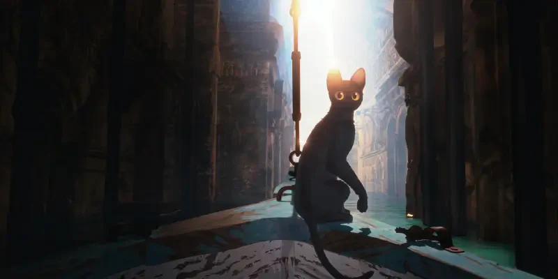 A mysterious cat with glowing eyes sits on a boat surrounded by ancient ruins, illuminated by sunlight, in a scene from the movie *Flow* (2024).