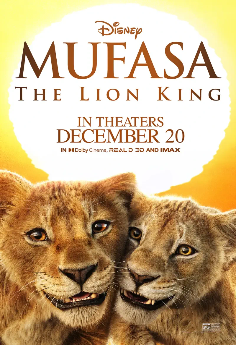 A promotional poster for Mufasa: The Lion King, featuring two lion characters. The film is set to release in theaters on December 20.