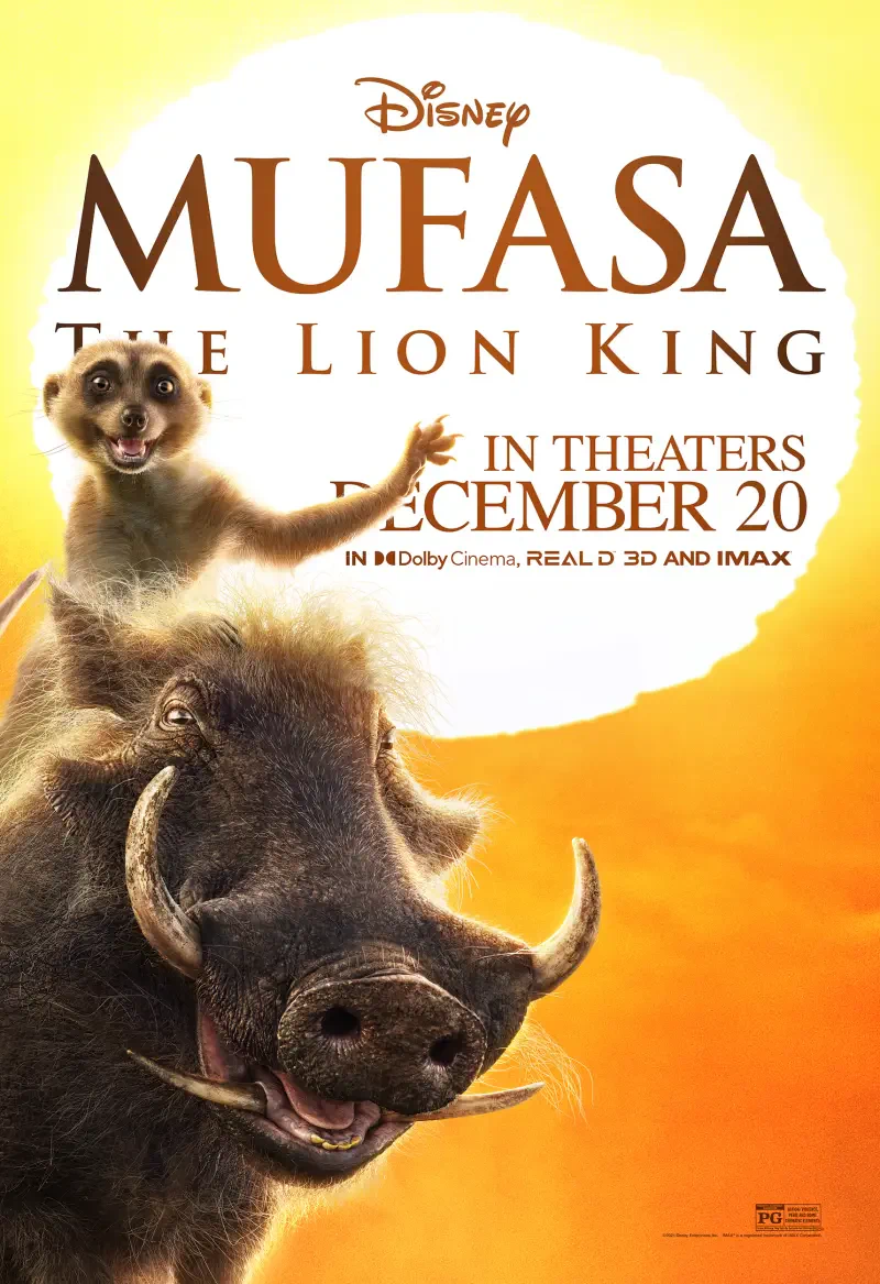 Movie poster for Mufasa: The Lion King, featuring a warthog and a meerkat against a bright yellow sunset, with the release date of December 20 prominently displayed.