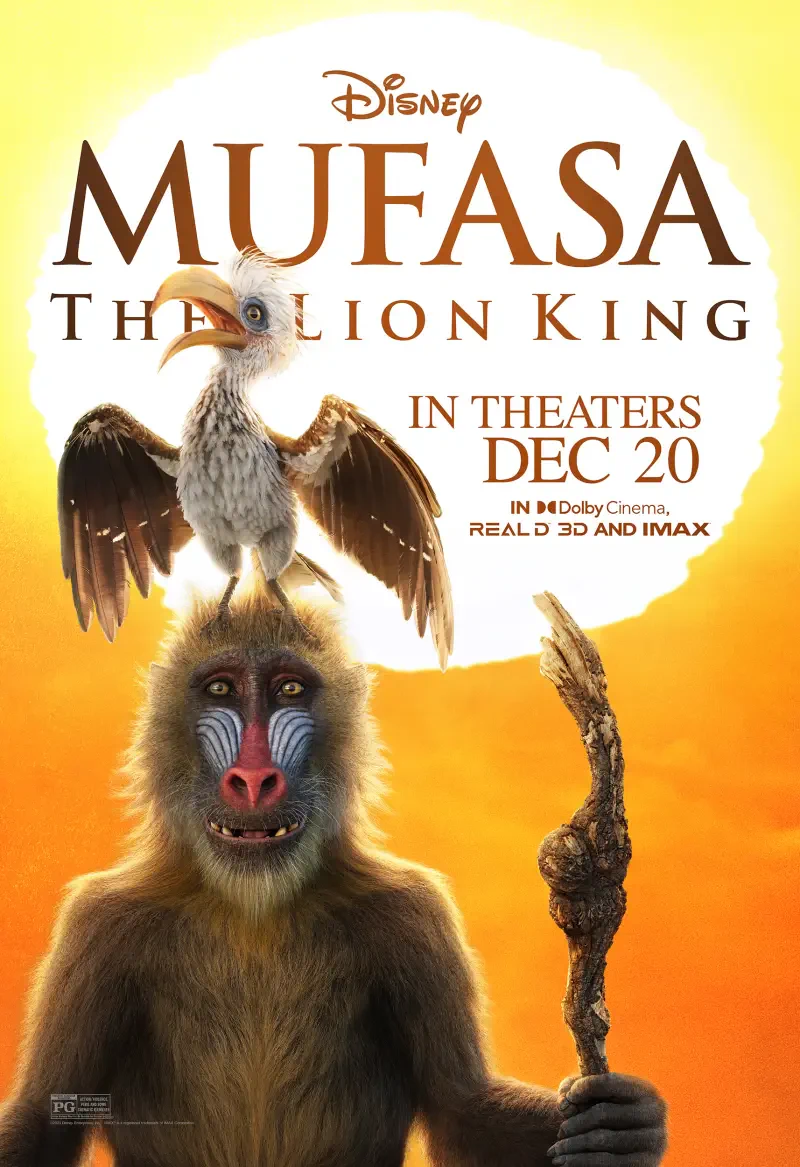 A promotional poster for Mufasa: The Lion King, featuring a baboon holding a stick with a bird perched on its head, set against a bright sunset. In theaters December 20.