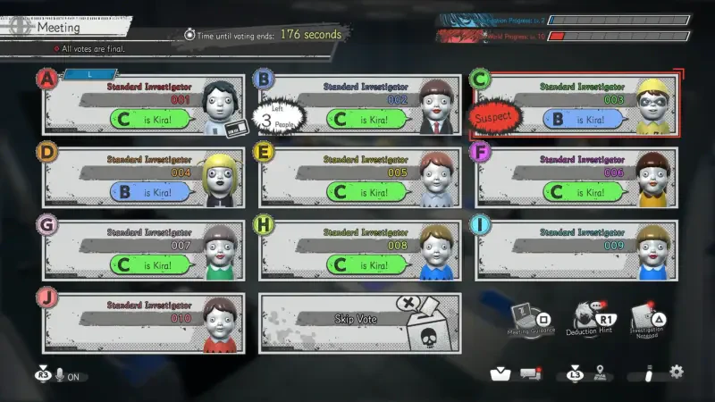 A game interface from Death Note: Killer Within, displaying a meeting screen with various characters labeled as investigators, their statuses and investigation results shown clearly.