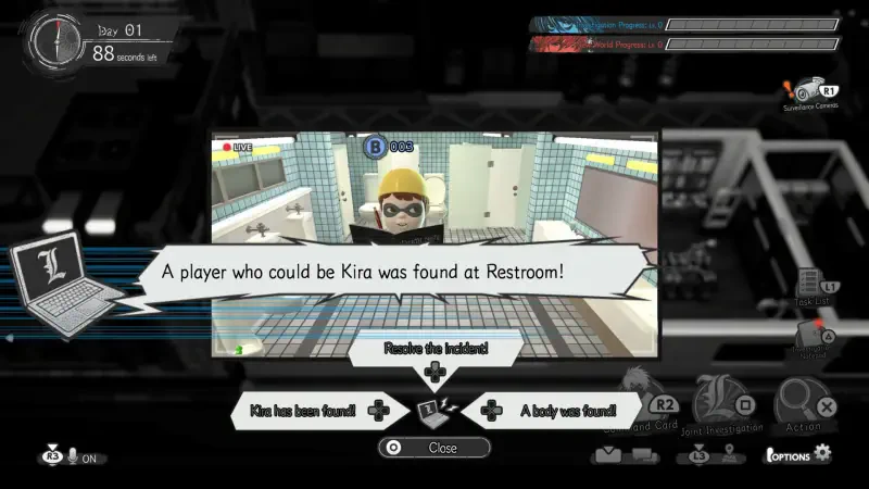 A scene from the video game Death Note: Killer Within, showing a player character in a restroom with a message about a player potentially being Kira.