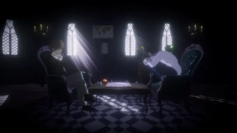 A dimly lit room featuring two characters seated at a table, surrounded by gothic architecture, from the video game Death Note: Killer Within.