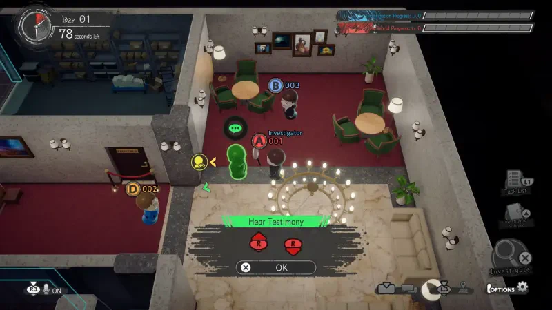 A scene from the video game Death Note: Killer Within, showing an interactive room with characters and gameplay elements, including options to gather testimony and investigate the environment.