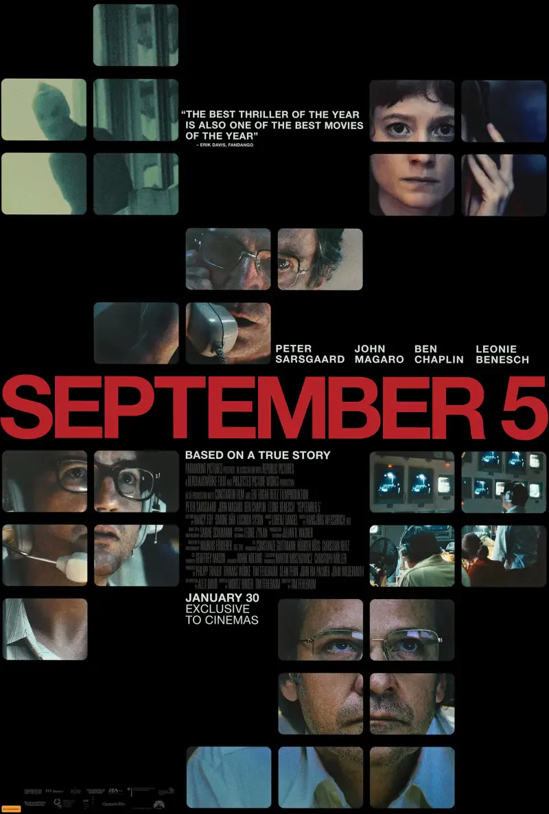 A collage of intense scenes from the movie September 5, featuring actors Peter Sarsgaard, John Magaro, Ben Chaplin, and Leonie Benesch, highlighting its thriller elements and true story.