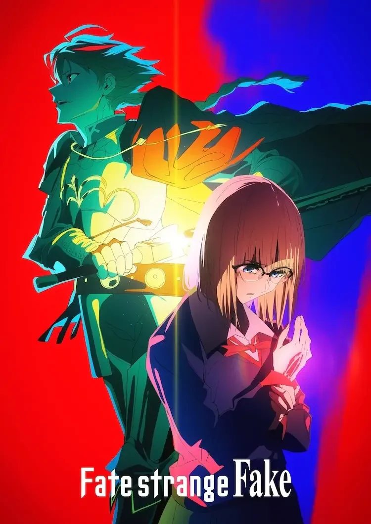 A vibrant scene from the anime Fate/strange Fake, featuring a dynamic character in armor and a contemplative figure, set against a contrasting red and blue background.