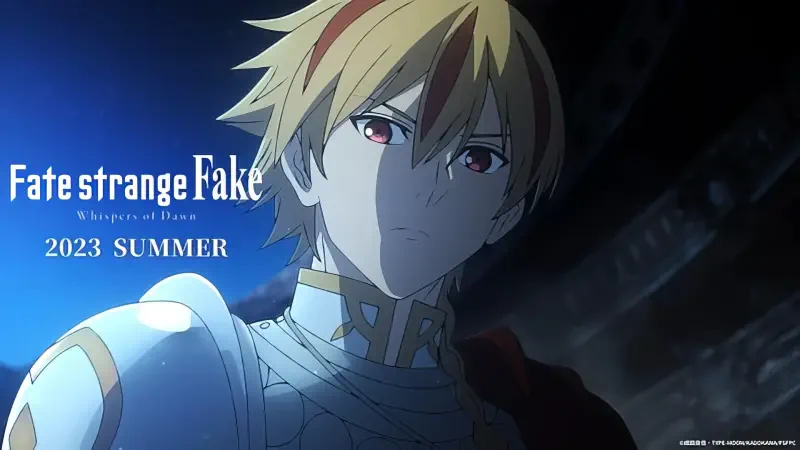 An anime promotional image featuring Richard I from Fate/strange fake, showcasing him in armor with a determined expression, set against a blue background. Summer 2023 release.
