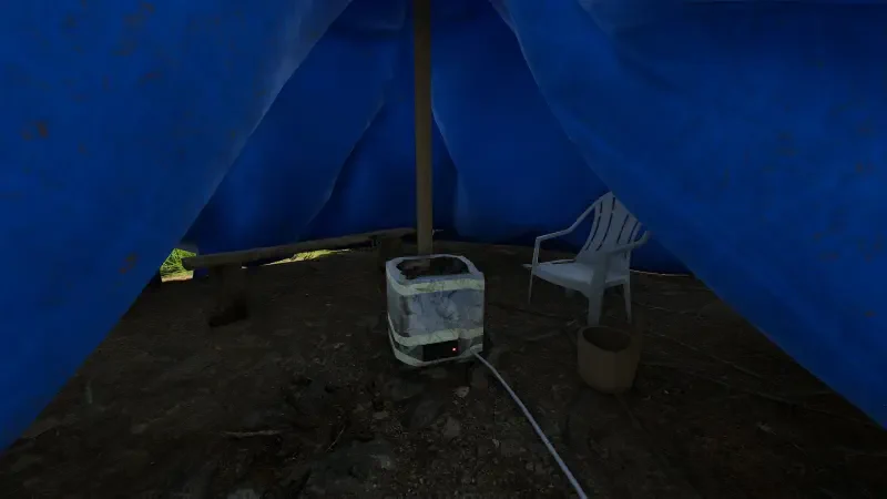 Interior view of a blue tarp shelter in the video game Finnish Cottage Simulator, featuring a chair and a portable heater on the ground.