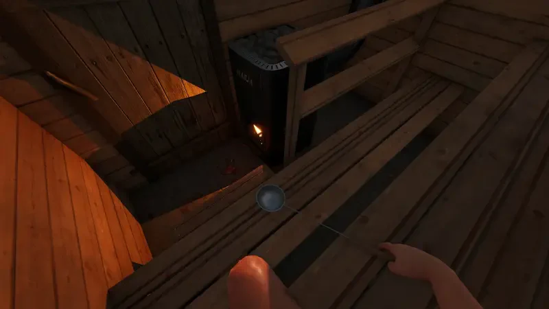 A perspective view inside a Finnish cottage in the video game Finnish Cottage Simulator, showcasing wooden walls and a cozy atmosphere with a glowing stove.