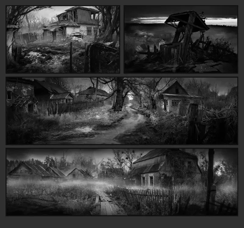 A monochrome landscape depicting abandoned structures and overgrown paths, inspired by S.T.A.L.K.E.R. 2: Heart of Chernobyl, conveys a chilling post-apocalyptic atmosphere.