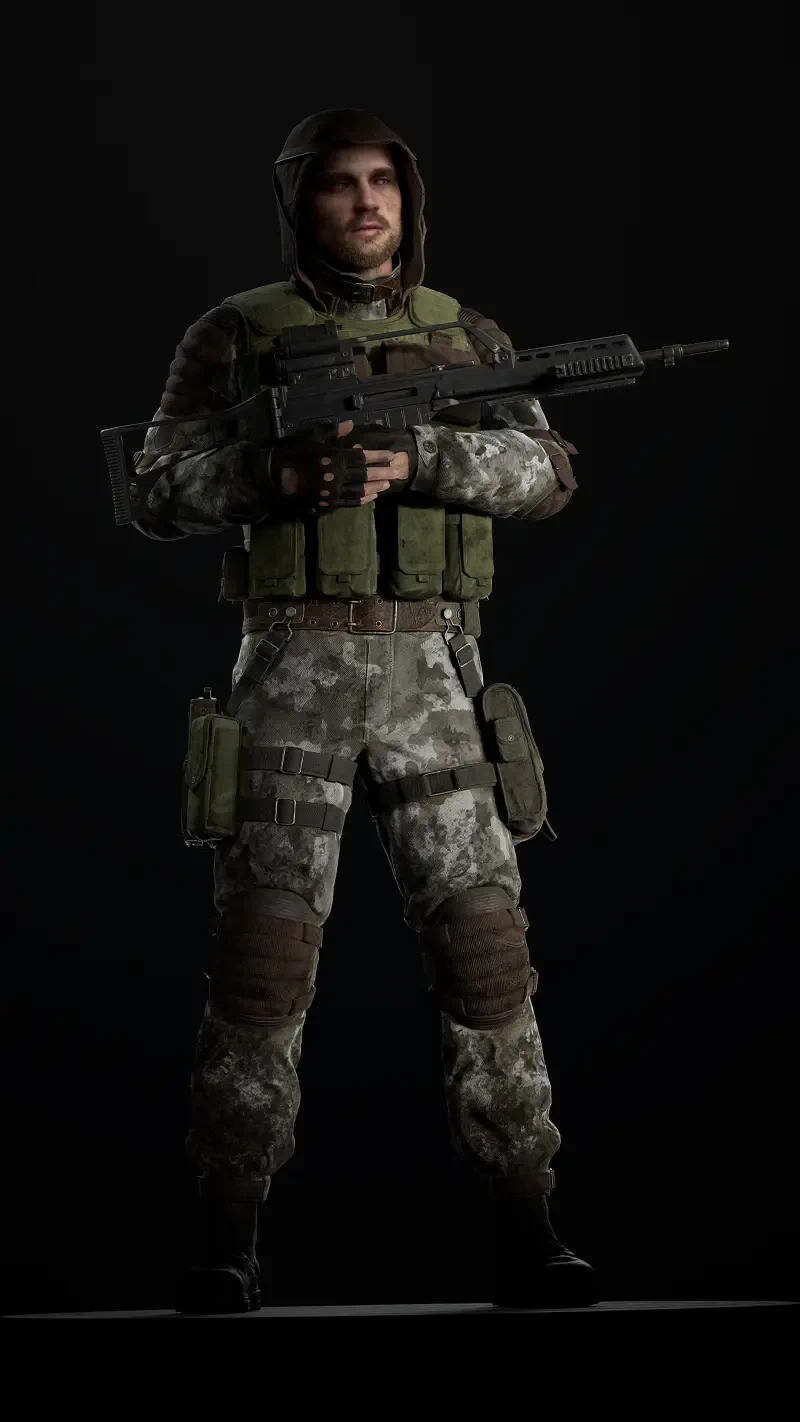 A soldier in combat gear stands confidently with a weapon, set against a dark background, representing the intense atmosphere of S.T.A.L.K.E.R. 2: Heart of Chernobyl.