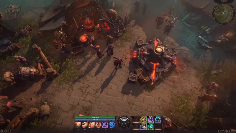 A top-down view of a bustling scene from the video game Corepunk, featuring various characters, machinery, and a vibrant environment filled with intricate details.