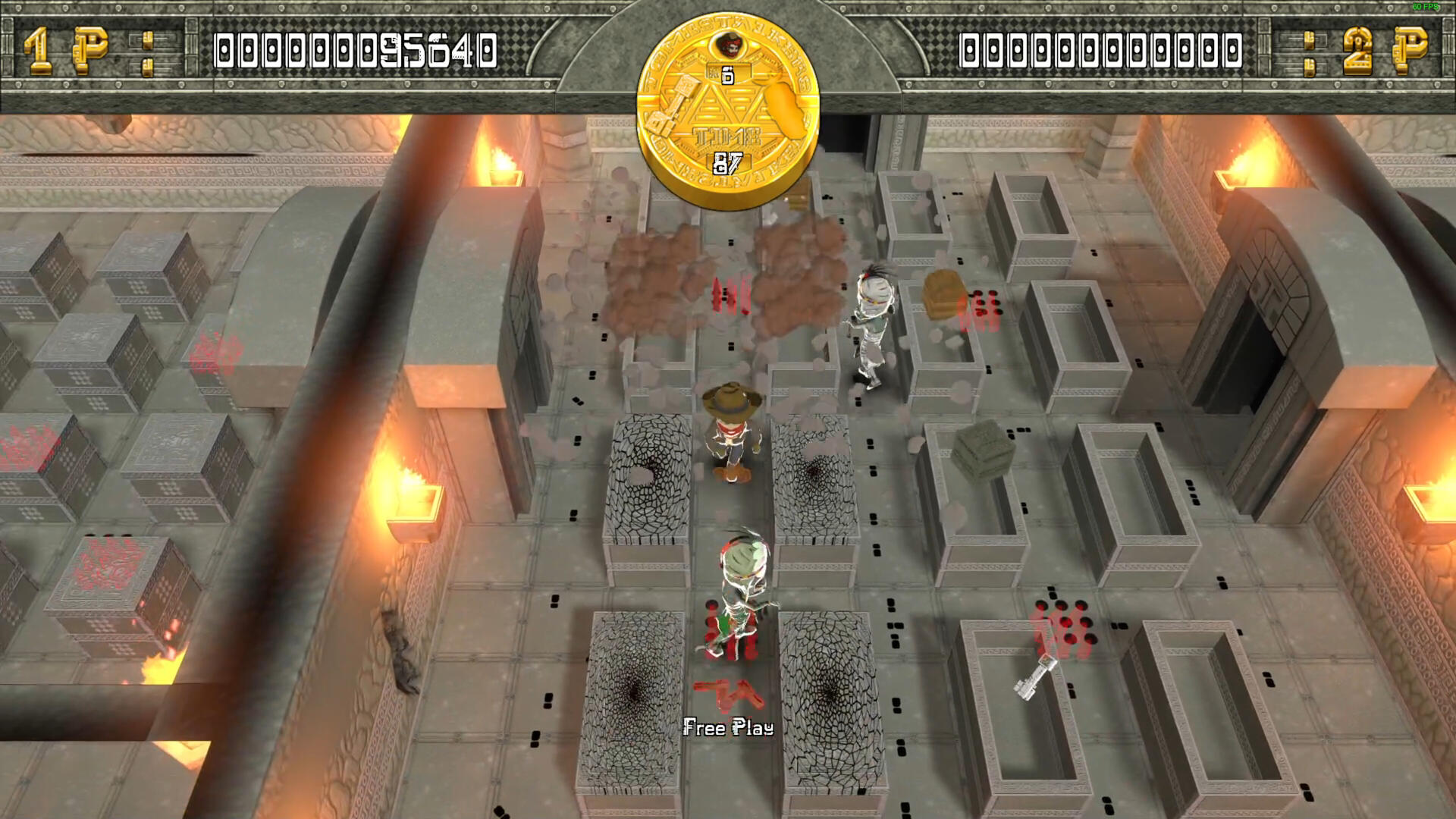 A top-down view of the video game Tomb Stalkers, featuring characters navigating a labyrinthine tomb filled with traps and enemies, with a countdown timer displayed prominently.