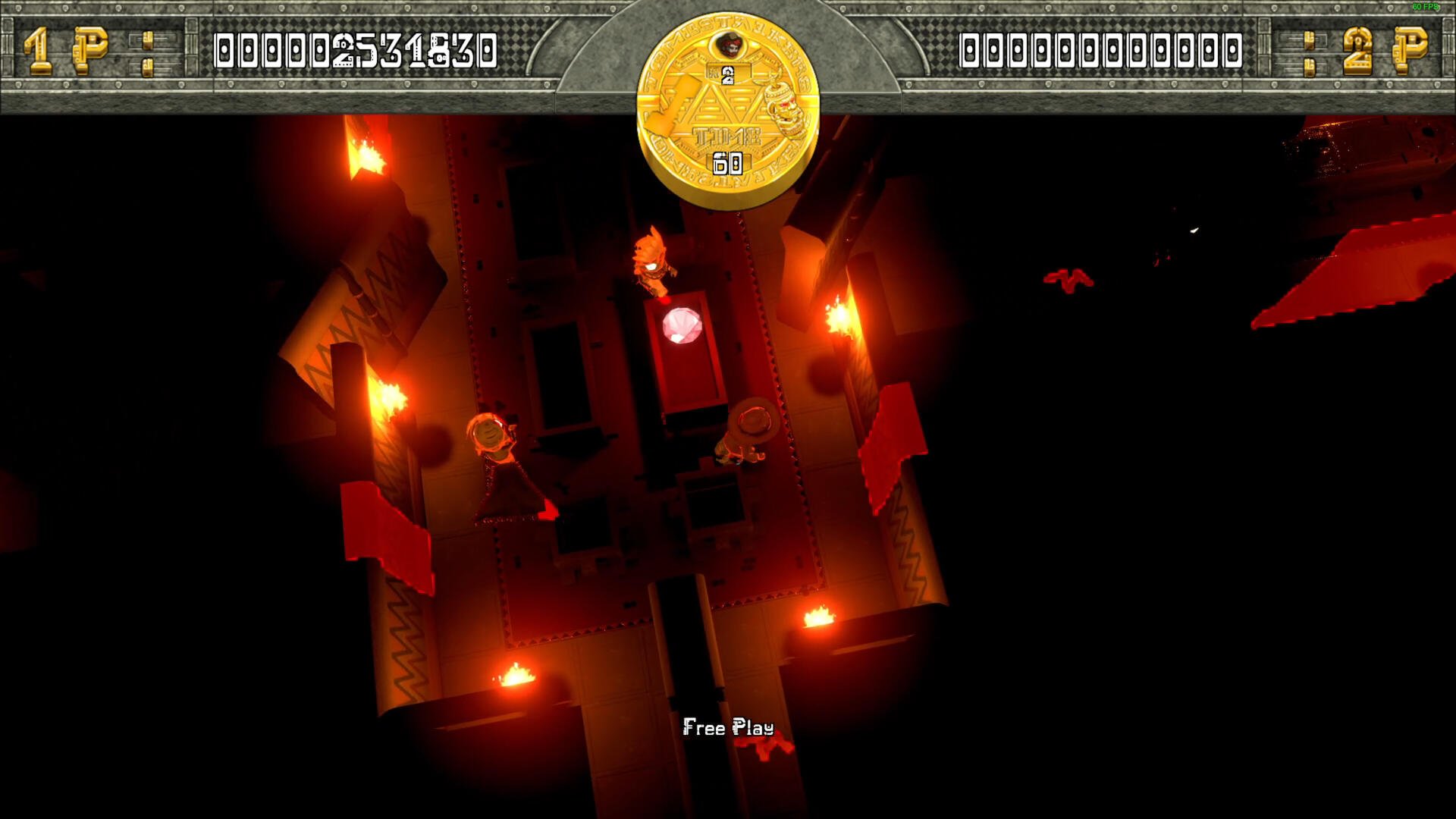 An overhead view of the video game Tomb Stalkers, showcasing a dark labyrinth with glowing torches and mysterious elements, emphasizing exploration and adventure.