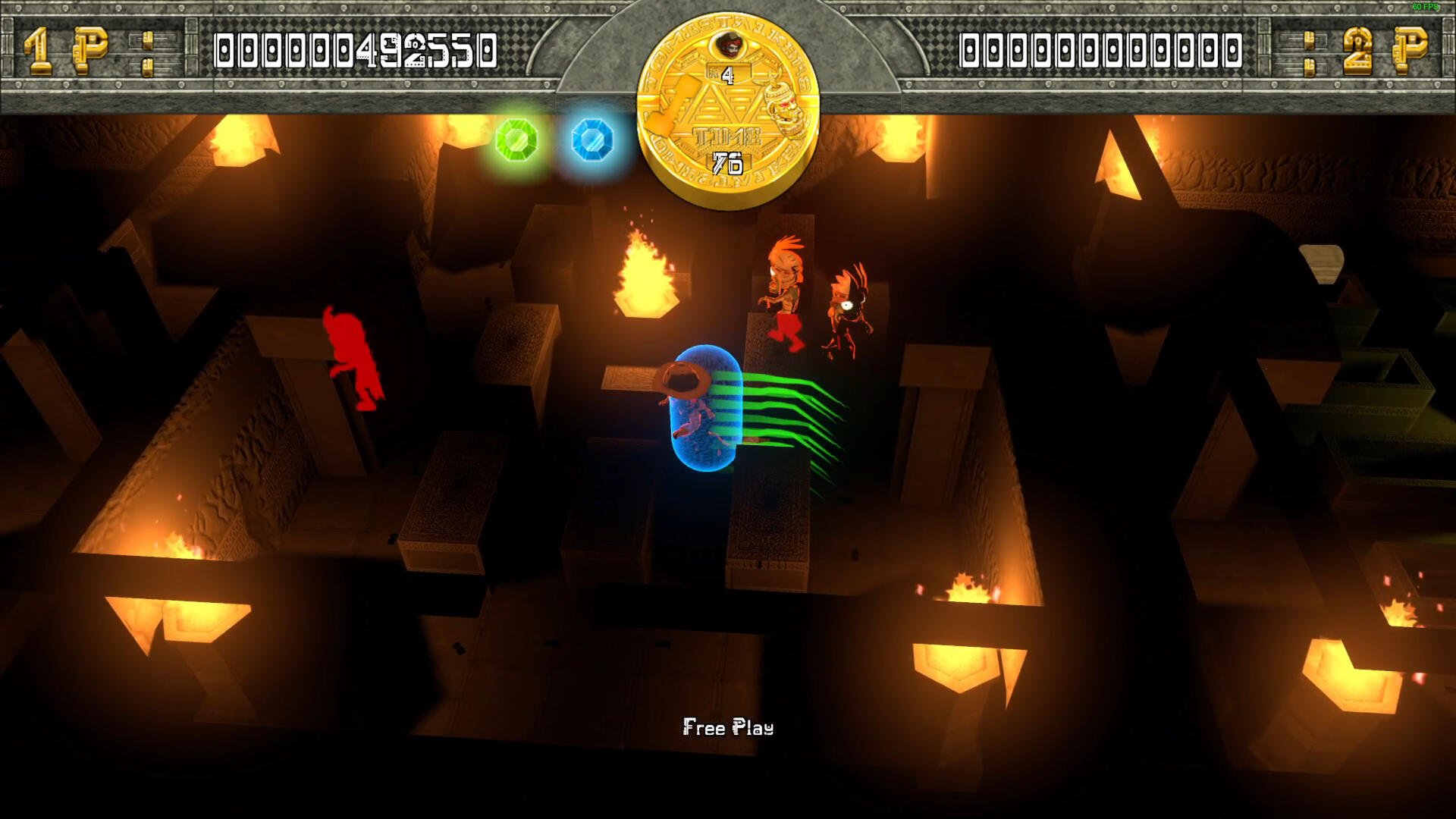 A gameplay scene from the video game Tomb Stalkers, featuring characters navigating a dimly lit maze with flames and a glowing coin, showcasing features like score and player status. 