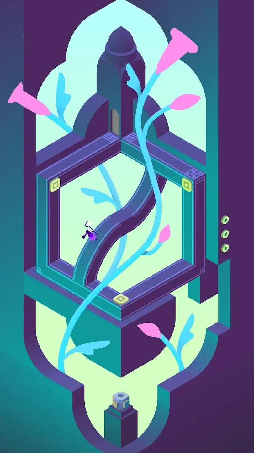 A whimsical scene from Monument Valley 3 showcasing an intricate, geometric structure intertwined with vibrant plants and flowers against a serene background.