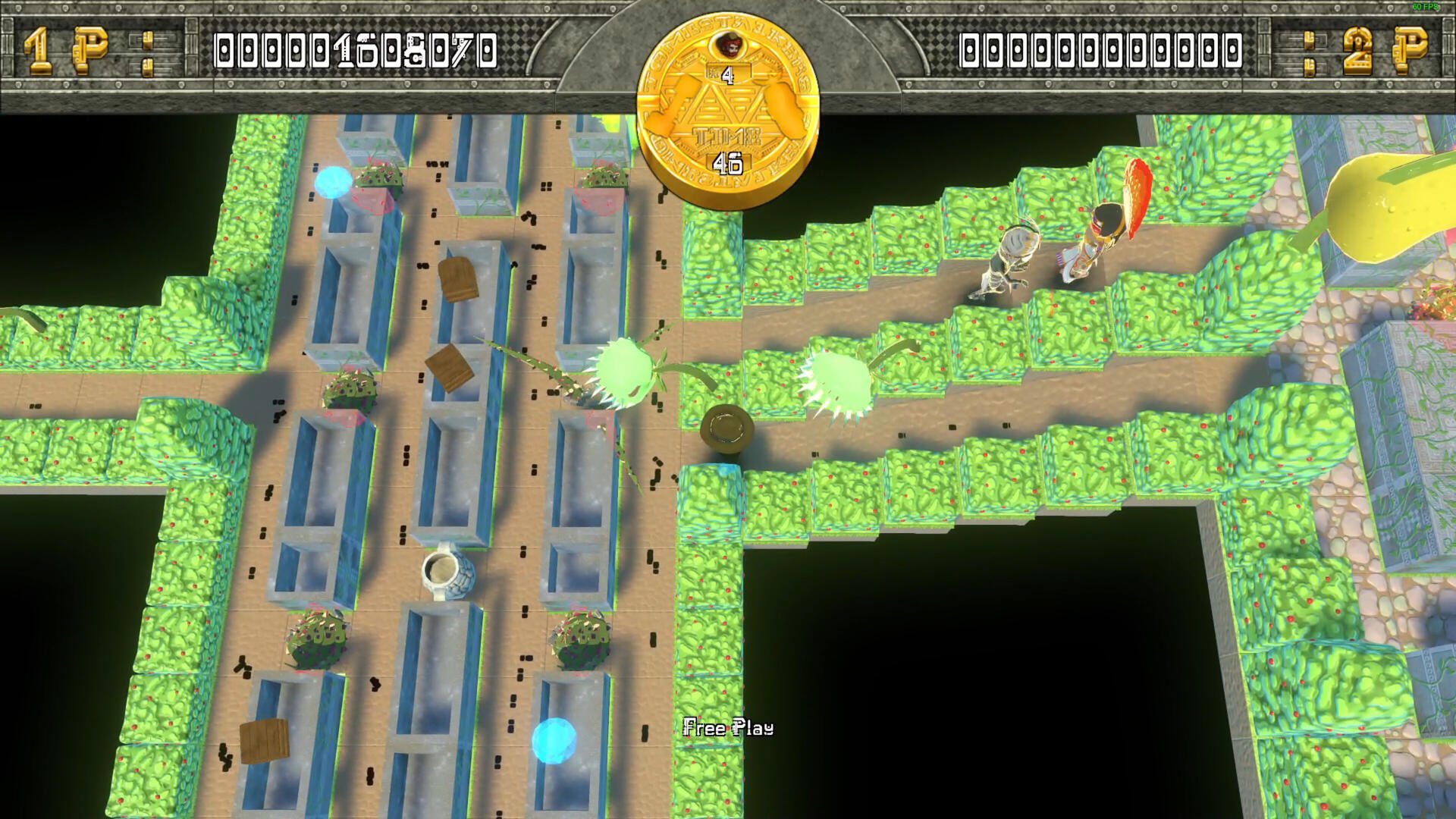 A vibrant screenshot from the video game Tomb Stalkers, featuring a maze-like landscape with green pathways and various obstacles, highlighting the player's journey through the game.