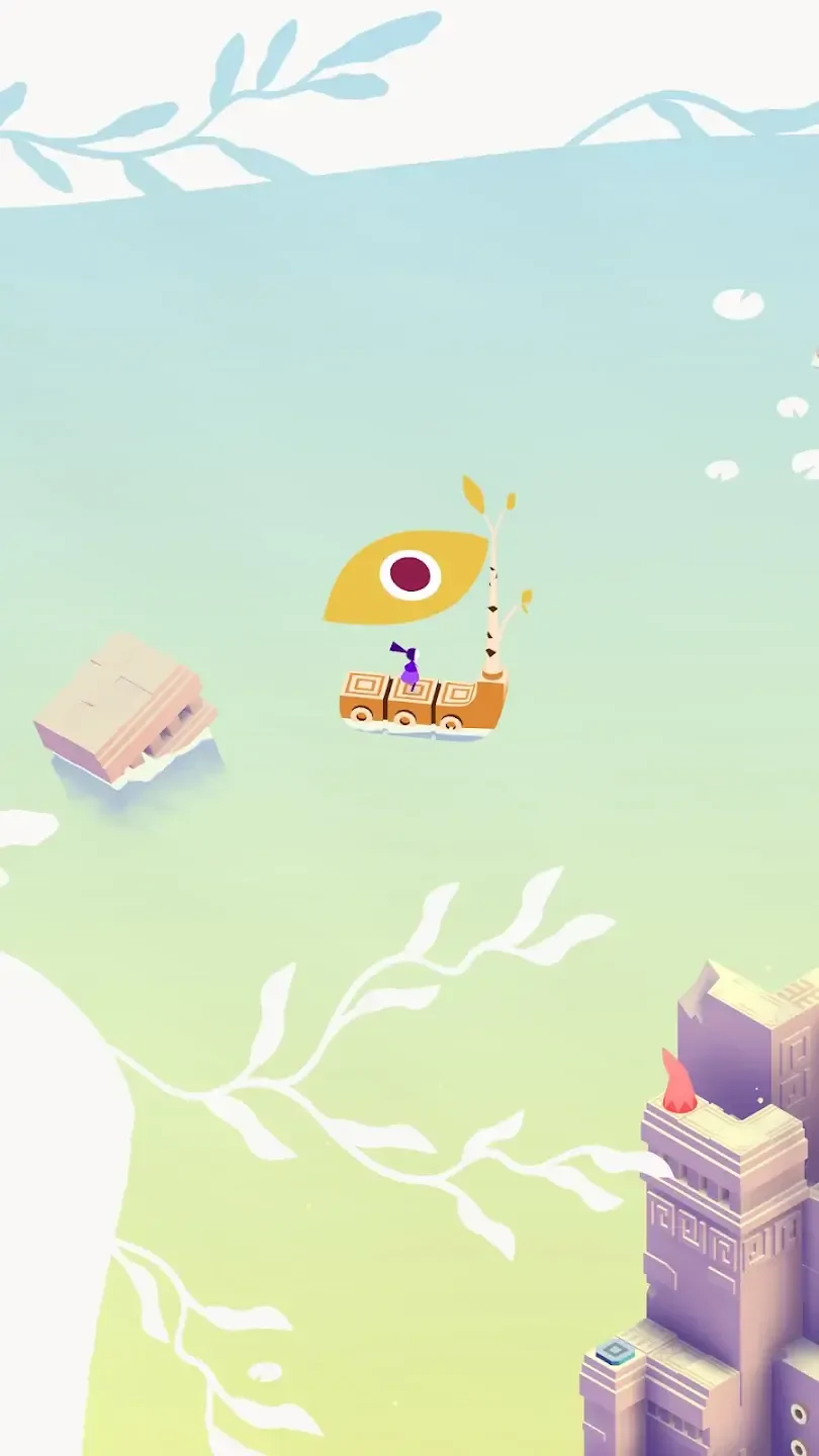A colorful scene from the video game Monument Valley 3, featuring a small boat with a whimsical sail gliding through tranquil waters surrounded by abstract architecture.