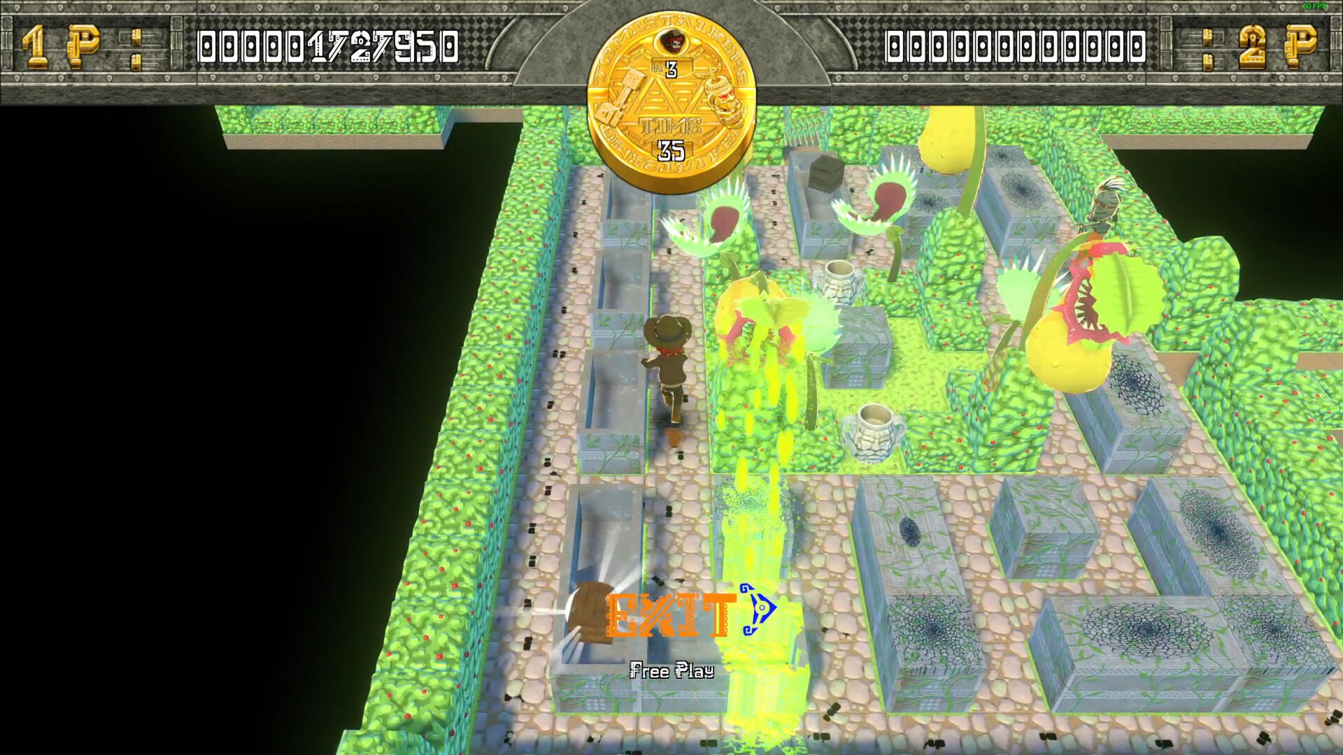 A bird's-eye view of the video game Tomb Stalkers, featuring a character navigating a maze filled with vibrant plants and monsters, with a gold coin indicator at the top.