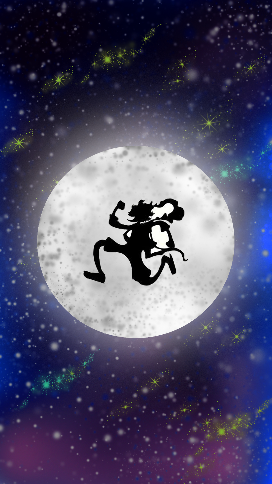 Silhouette of Monkey D. Luffy in Gear 5 form against a large glowing moon, set in a starry, colorful cosmic background from One Piece.