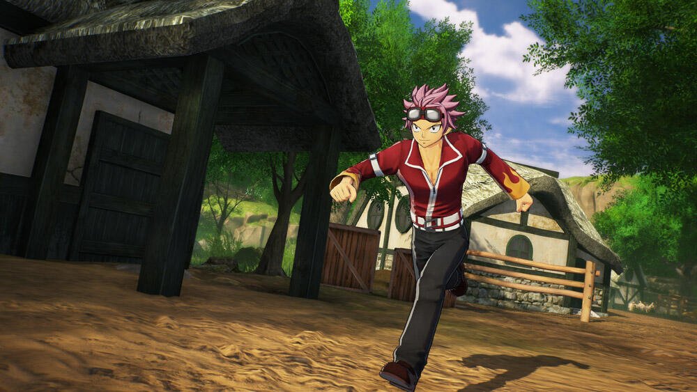 A character from the video game FAIRY TAIL 2 runs energetically through a vibrant outdoor setting, showcasing a lively, animated world.