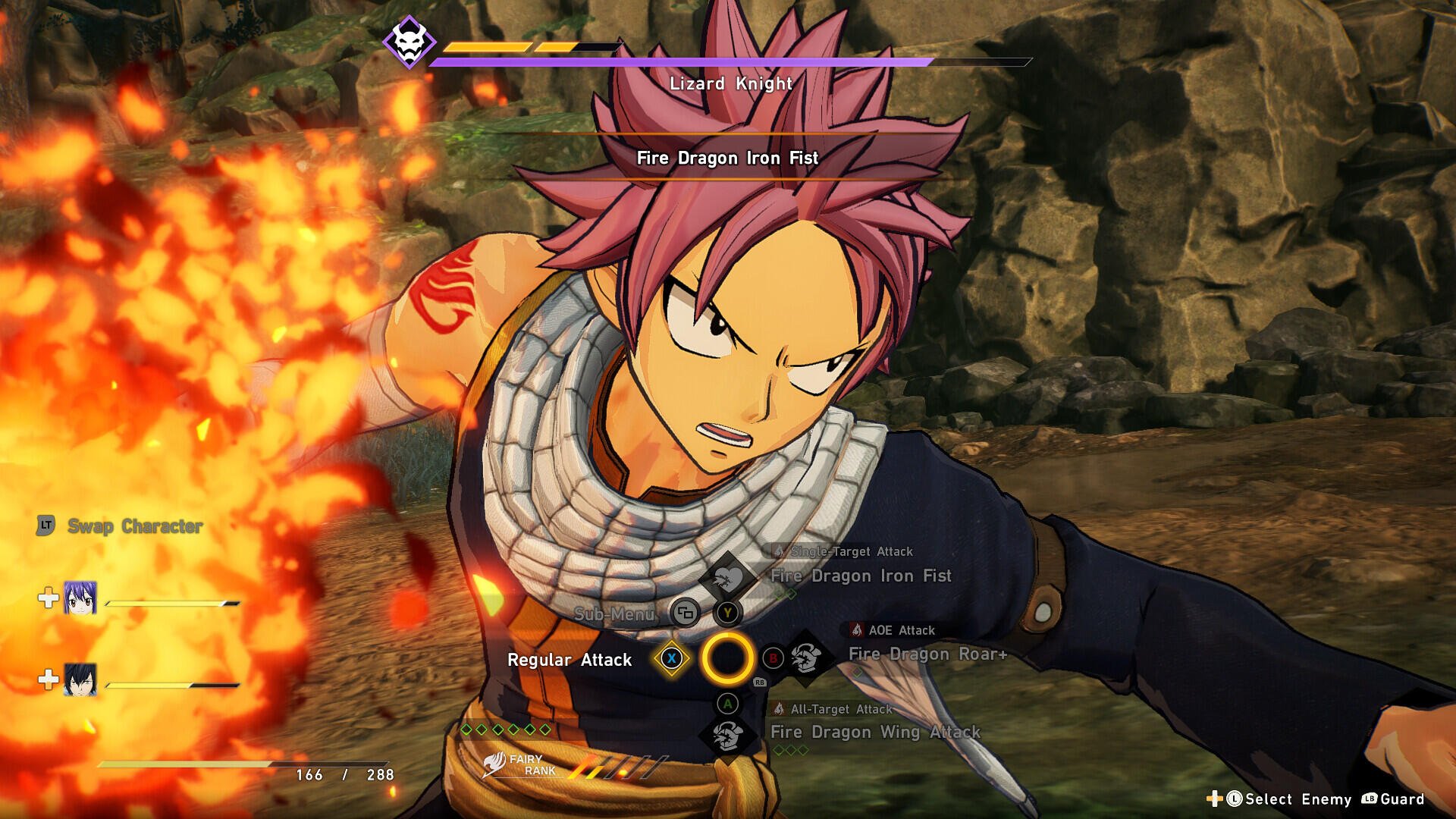 A character from the game FAIRY TAIL 2 unleashes a fiery attack, showcasing vibrant colors and dynamic action in a fantasy setting. The scene captures intense gameplay moments.