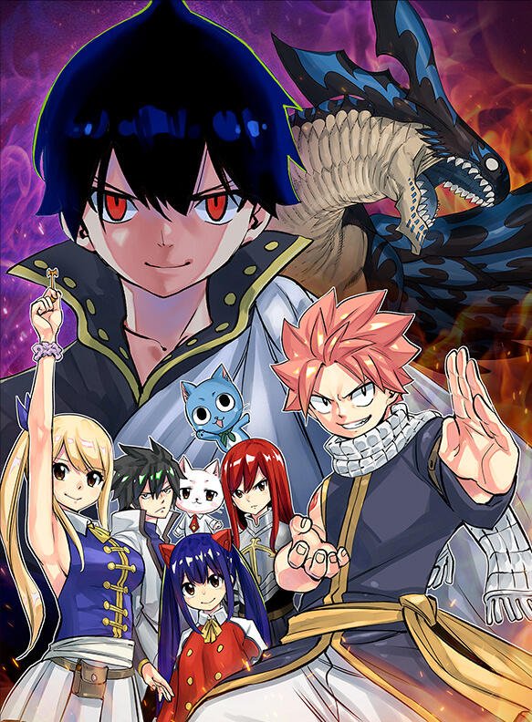 An illustration from the video game FAIRY TAIL 2, featuring characters like Natsu, Lucy, and others in a vibrant fantasy setting, showcasing their abilities and teamwork against a dark backdrop.