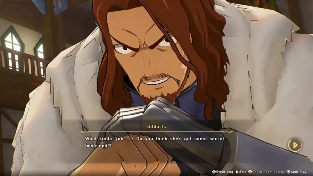 A character from the video game FAIRY TAIL 2 displays an intense expression while holding a weapon, engaged in conversation with an unseen character.