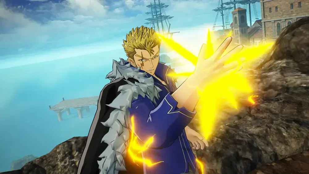 A character from the video game FAIRY TAIL 2 unleashes a powerful magical attack, surrounded by a vibrant landscape with distant ships on the water.
