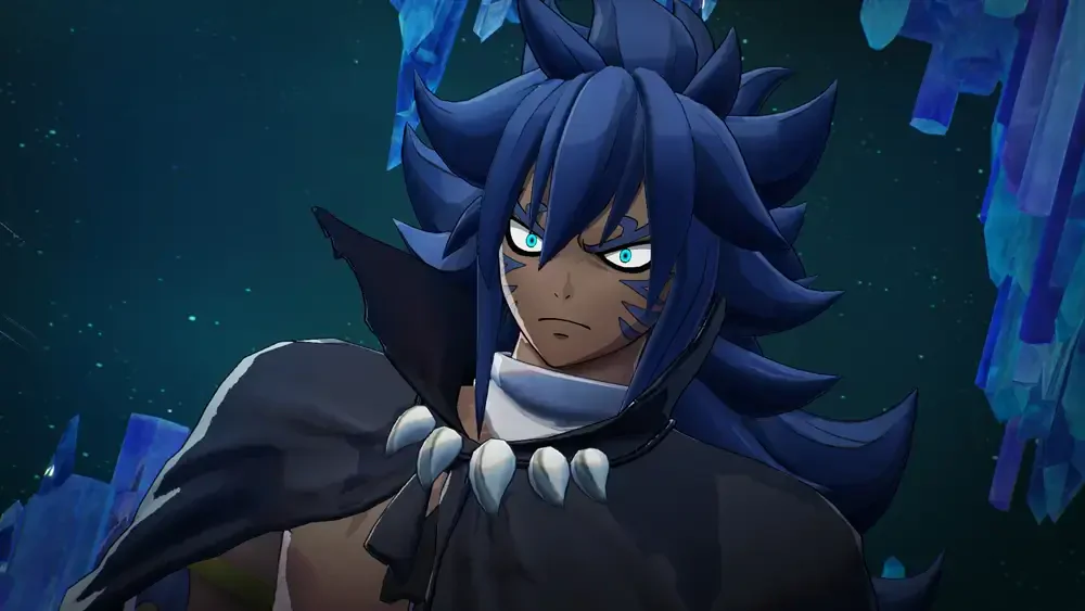 A character from the video game FAIRY TAIL 2, featuring a figure with striking blue hair and intense eyes, set against a backdrop of crystalline formations.