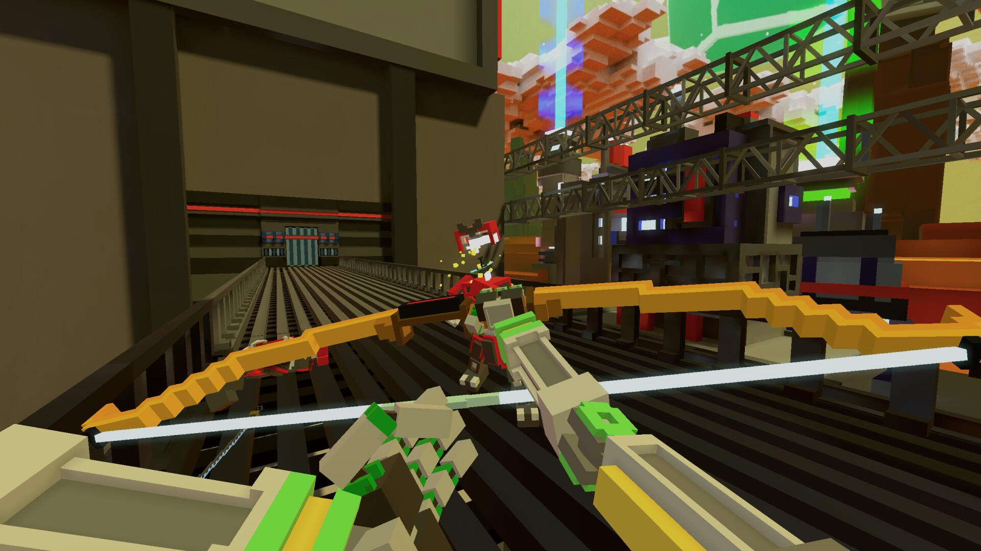 A character in the video game Clone Drone in the Hyperdome stands ready with a crossbow, poised in an arena filled with vibrant, blocky structures.