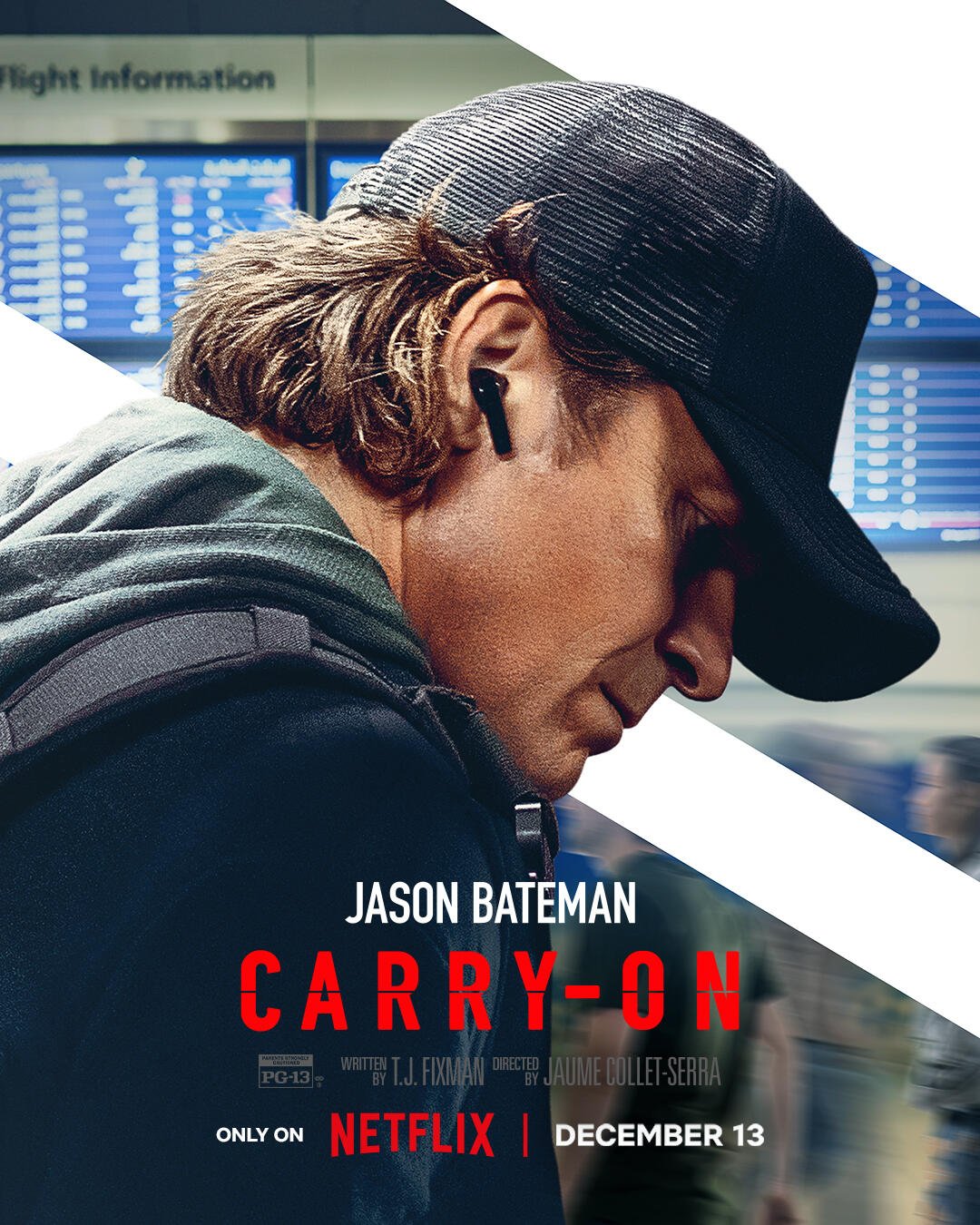 Jason Bateman stars in Carry On (2024), showcasing a contemplative moment in an airport setting. Streaming on Netflix starting December 13.