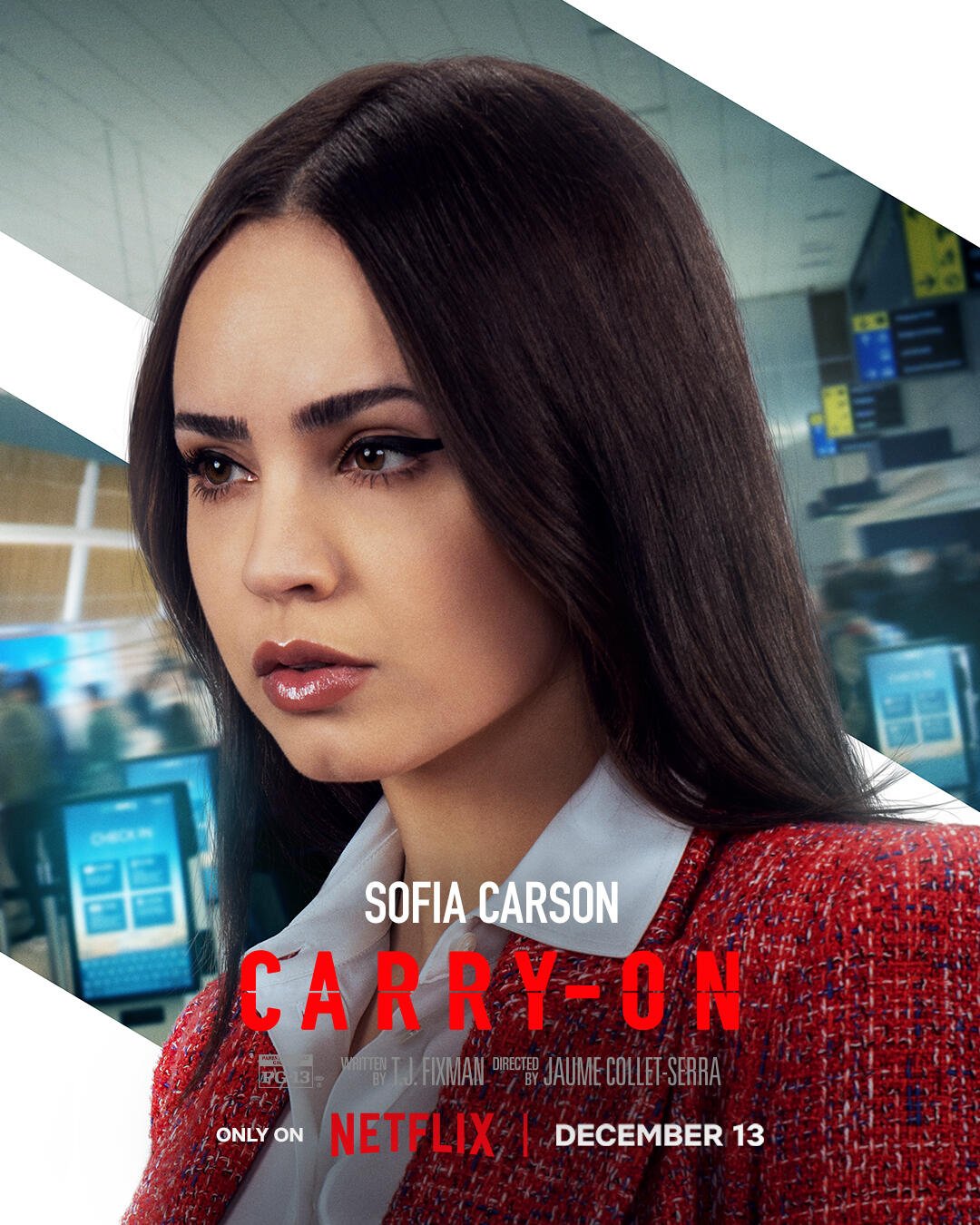 Sofia Carson stars in Carry On, a Netflix movie set to release on December 13. Her captivating presence draws attention in this thrilling airport scene.